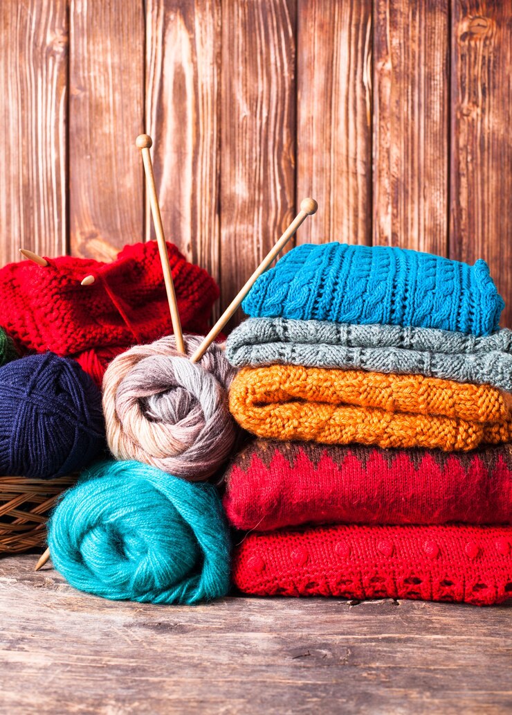 Foto fili colorati, ferri da maglia e vestiti sul tavolo di legno
