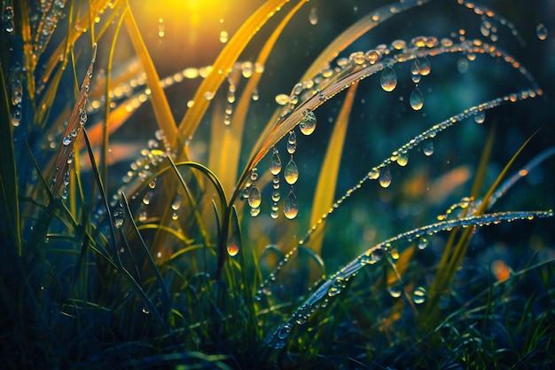 Fili d'erba ricoperti di rugiada mattutina scintillanti come diamanti sotto il sole nascente