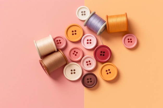Fili e bottoni colorati per la cucitura su uno sfondo di colore solido