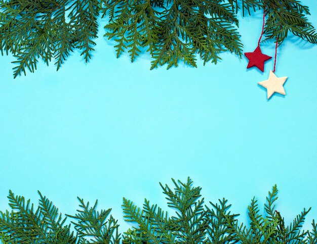 Filiale dell&#39;albero di Natale su un blu e due stelle. Vista dall&#39;alto