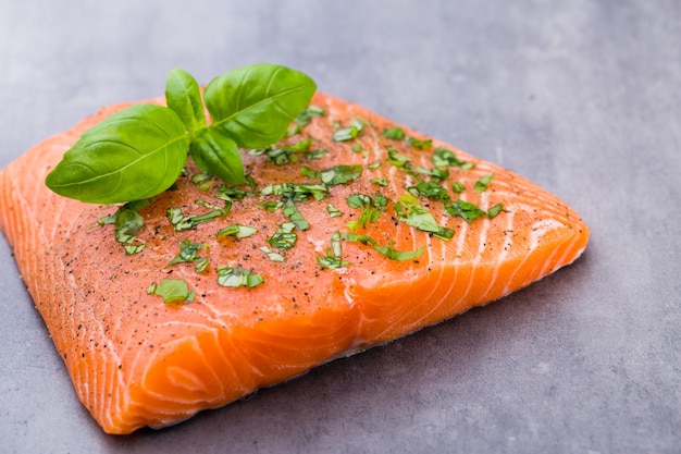 Fille di salmone fresco con spezie sul grigio