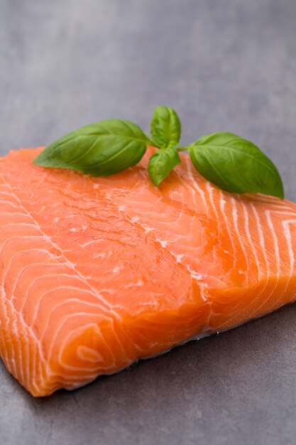 Fille di salmone fresco con spezie sulla superficie grigia.