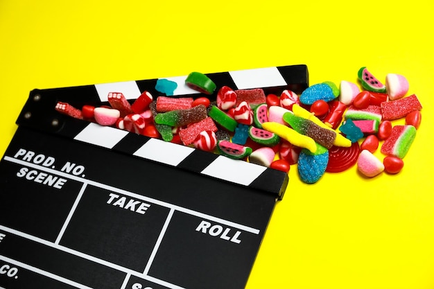 Film ciak con caramelle assortite su sfondo giallo