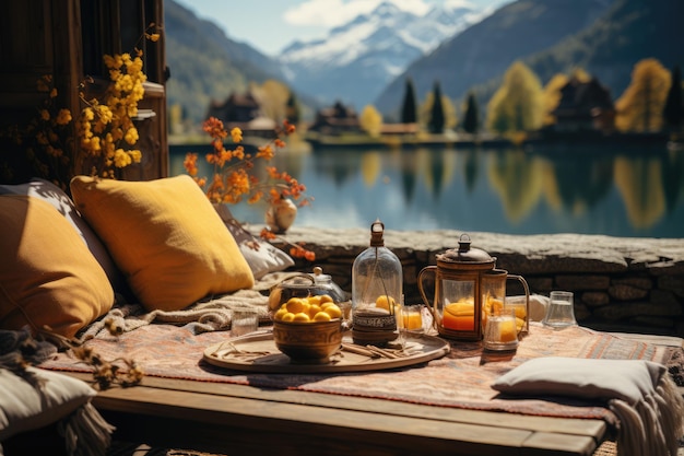 film cinematografico di un cottage core picnic nelle Alpi Phantom High Speed ai generato
