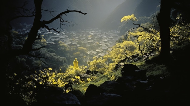Film giapponese di samurai ancora con nebbia gialla