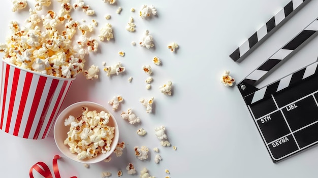 Film minimalista camera clapperboard e popcorn su sfondo bianco design cinematografico