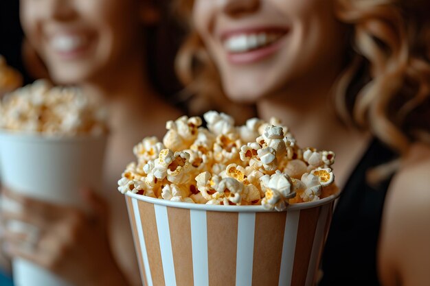 Film Night Delight Closeup di donne che si godono i popcorn al caramello in un teatro