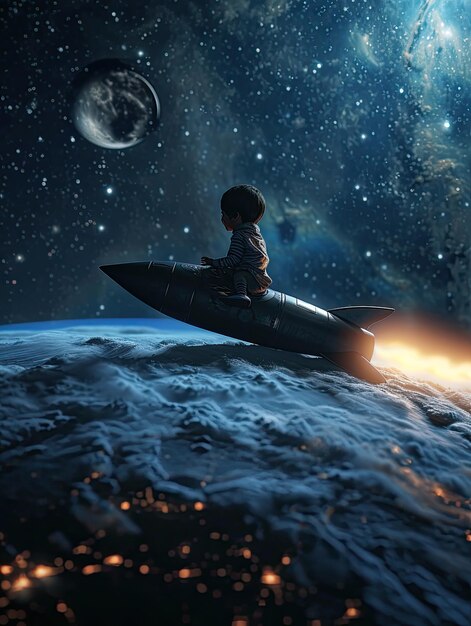 Film still3D rendering ragazzo a bordo di un razzo che vola verso la luna sfondo blu terra nera luce stellare basso angolo di visione alta qualità ar 34 v 6 Job ID cddff69c3226435989cf2579ea42b1f3