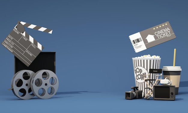 Film time 3d render illustration Cinema poster concept on color background Composizione con popcorn clapperboard 3d occhiali e filmstrip Cinema banner design per cinema