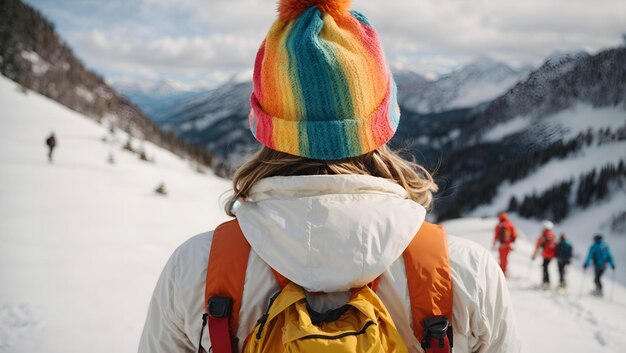 Filmato della schiena di un giovane escursionista con un costume da sci bianco e un cappello dai colori vivaci