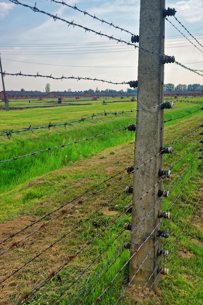 Filo spinato nel campo di concentramento di Auschwitz Birkenau, Polonia.