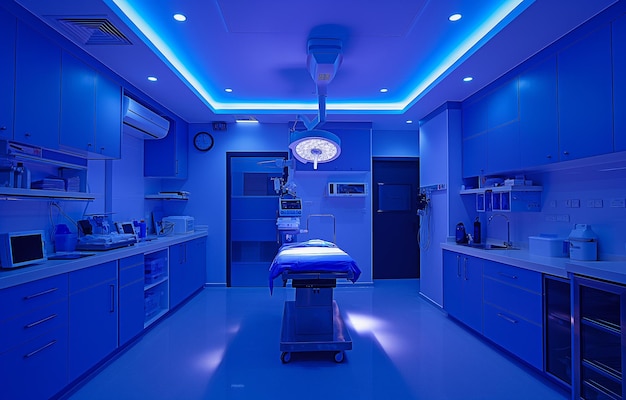 filtro blu e illuminazione artistica durante un intervento chirurgico veterinario in una sala operatoria