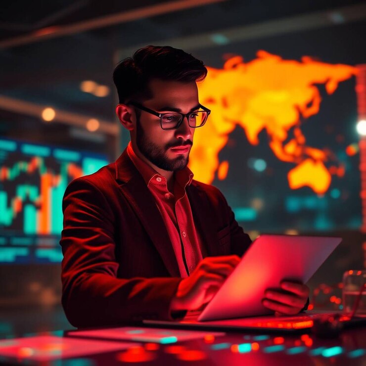 Financial Analyst Working on Tablet in a Modern Office