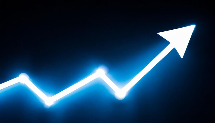 Financial chart with glowing blue arrow light effect isolate on black background