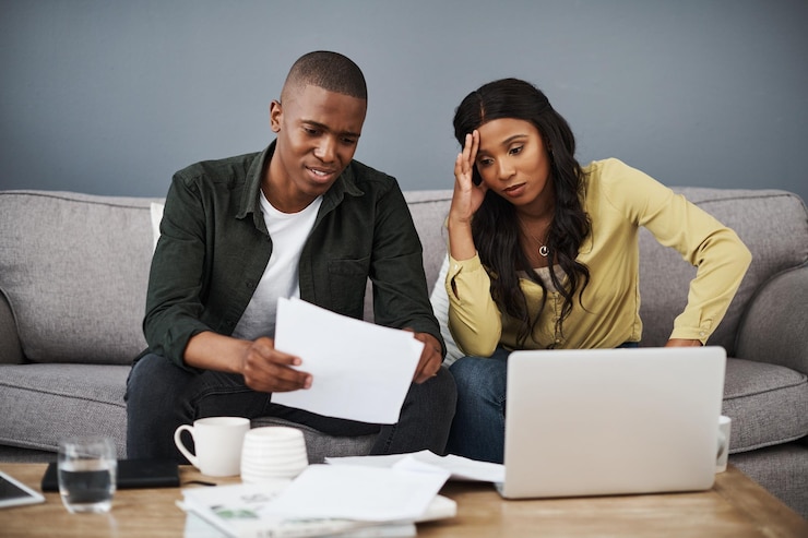 Foto finanze del debito e portatile con coppia sul divano nel soggiorno di casa per revisione contabile o fiscale computer o documenti di bancarotta con uomo e donna in appartamento per contabilità investimenti o denaro
