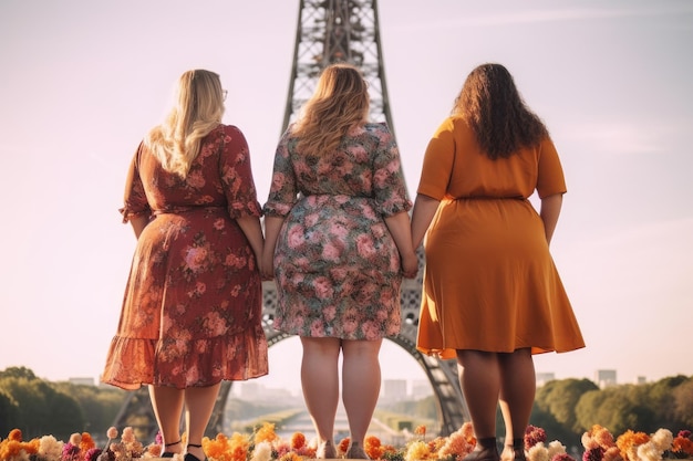 Fine settimana a Parigi Alle spalle di una donna di tre taglie forti contro la torre Eiffel IA generativa