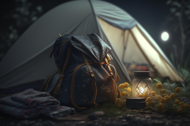 Fine settimana di vacanza nella natura con uno zaino Tramonto nel bosco Paesaggio montano Viaggi Stile di vita Campeggio Viaggio estivo nella natura Rilassarsi e sdraiarsi in un sacco a pelo in tenda