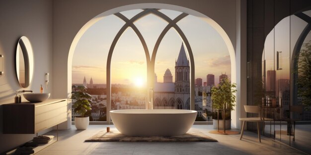 Finestra ad arco in un bagno moderno al tramonto in una città