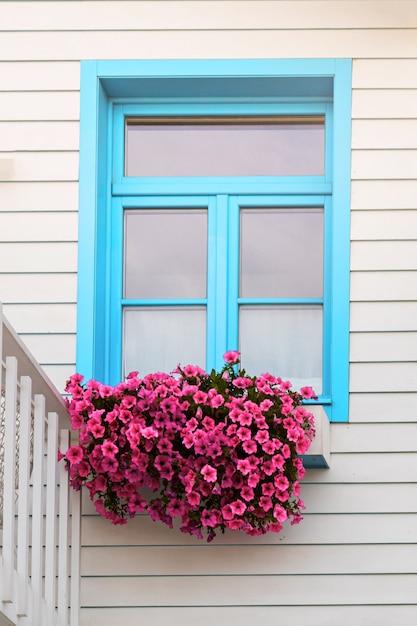 Finestra colorata in tipica piccola casa in legno con strisce colorate in costa nova aveiro portogallo