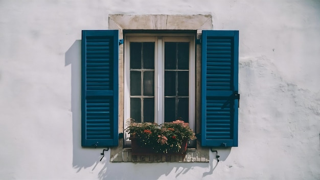 Finestra con persiane blu su una finestra a parete bianca con persiana chiusa