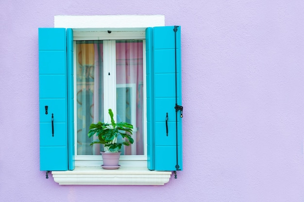 Finestra con persiane blu sulla parete viola. Architettura colorata nell'isola di Burano, Venezia, Italia.