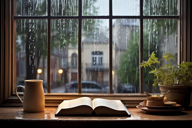 Finestra con piogge e una vista interessante libri sul tavolo disegno della giornata mondiale del libro