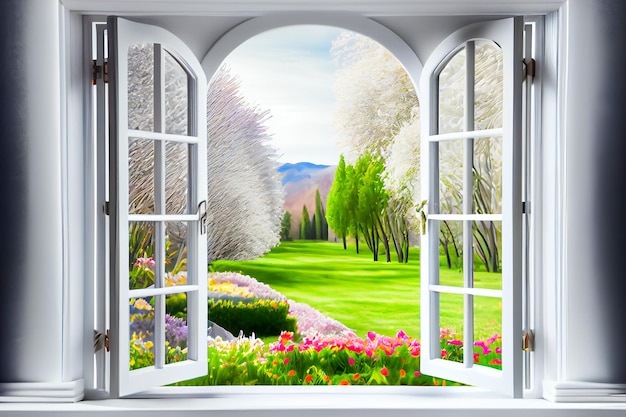 Finestra con vista panoramica Finestra aperta sul giardino Generative AIxA