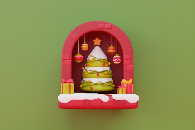 Finestra decorata in tema natalizio con regali e ornamento natalizio Buon Natale e felice anno nuovo rendering 3d