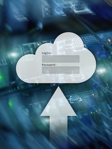 Finestra di richiesta di accesso e password di accesso ai dati di archiviazione cloud sullo sfondo della sala server Concetto di Internet e tecnologia
