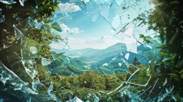 Finestra di vetro rotta che rivela un paesaggio naturale di foreste, montagne e cielo