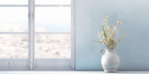 Finestra e fiore di giglio bianco sul tavolo con luce solare spazio copia sfondo sfocato AI Generato