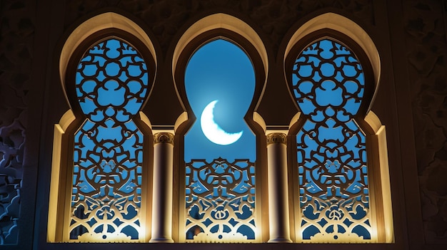 Finestra islamica tradizionale con la luce della luna per il Ramadan Kareem interno della moschea di notteGenerative Ai