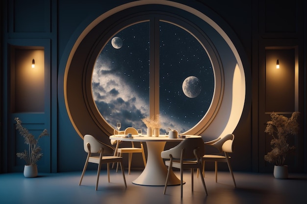 Finestra rotonda con vista sulla luna e sulle stelle nel cielo notturno IA generativa