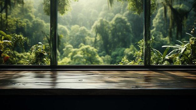 finestra sfocata sullo sfondo della foresta tropicale tavolo vuoto in legno bianco