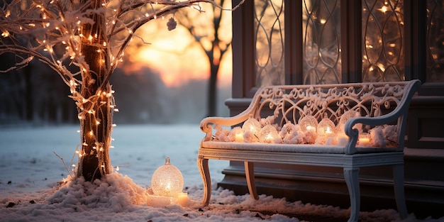 Finestra vintage con nostalgia gelida e albero di Natale in mezzo al gelo