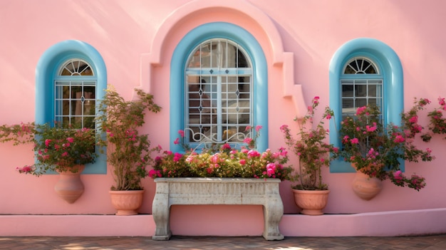 Finestre ad arco su una casa rosa colorata con fiore