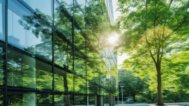 finestre dell'ufficio con la riflessione dell'ambiente albero verde