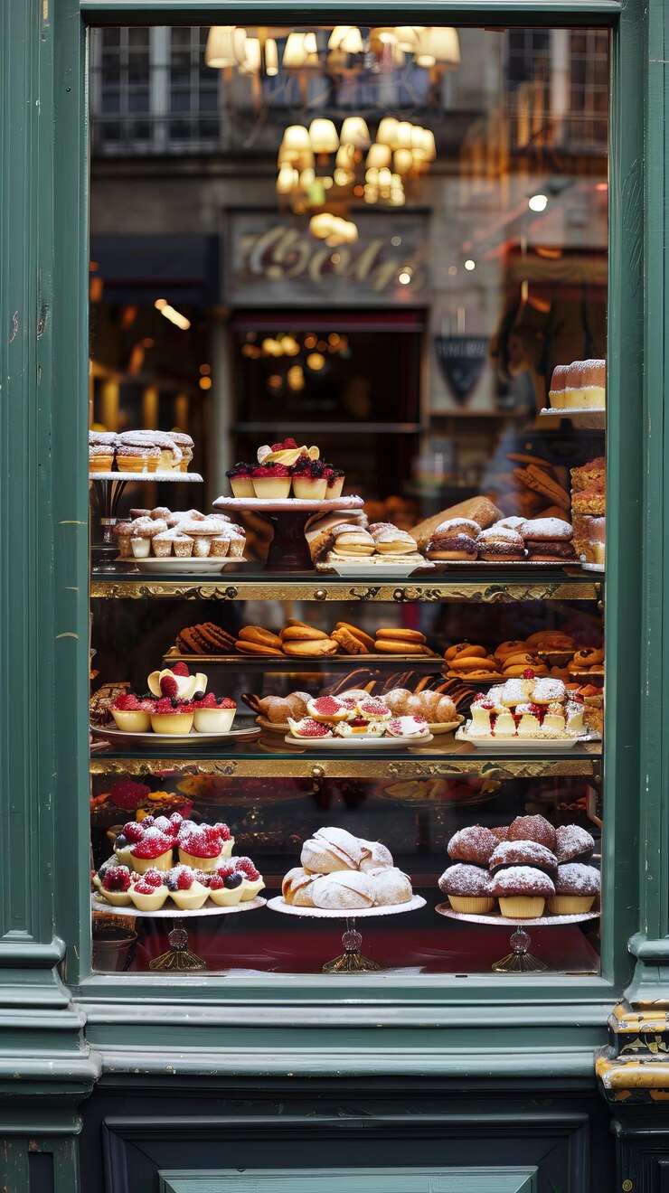 Foto finestre di facciata di una pasticceria che mostrano deliziose prelibatezze