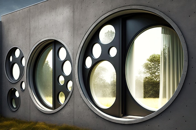 Finestre moderne in alluminio con elementi rotondi semitrasparenti su parete generativa ai