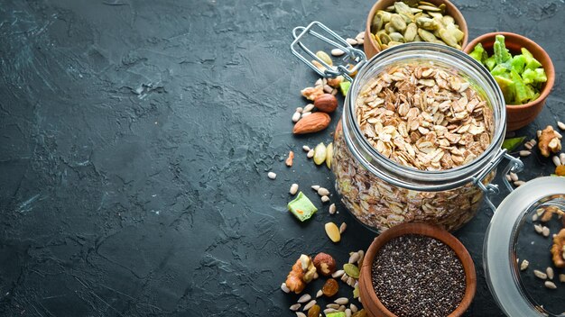 Fiocchi d'avena Cibo sano Vista dall'alto Spazio libero per il testo