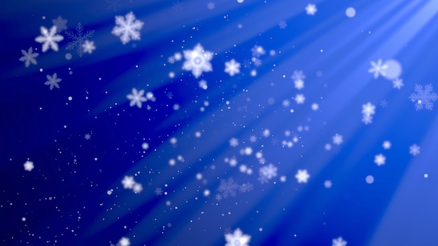 Fiocchi di neve bianchi, stelle e particelle di bokeh astratte che cadono. Felice anno nuovo e buon Natale sfondo splendente. Illustrazione 3D di lusso ed elegante stile dinamico per le vacanze invernali