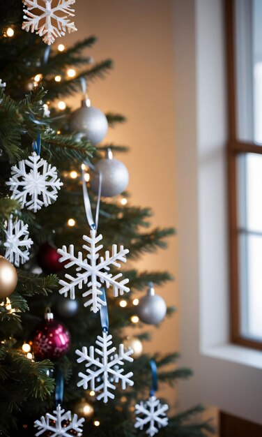 Fiocchi di neve e nastri che adornano un albero di Natale con luce mattutina interna ad angolo basso