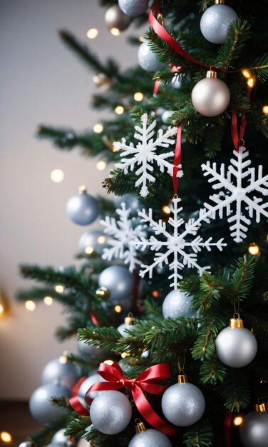 Fiocchi di neve e nastri che decorano un albero di Natale