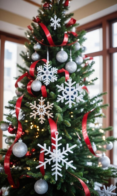 Fiocchi di neve e nastri che decorano un angolo basso dell'interno di mattina dell'albero di Natale