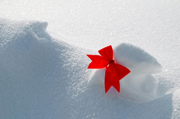 Fiocco di Natale rosso su sfondo di neve