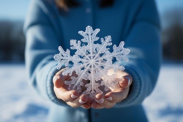 Fiocco Di Neve Afferrato Contro Le Mani Del Cielo Blu Sul Display