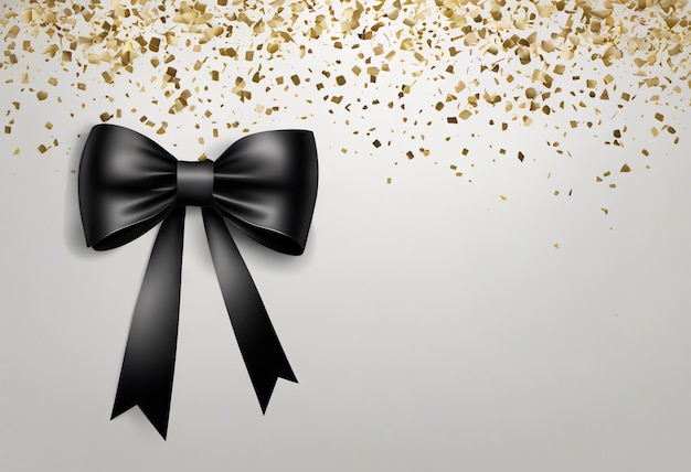 Fiocco nero con coriandoli dorati sullo sfondo il concetto di regali di vacanze e vendite nere