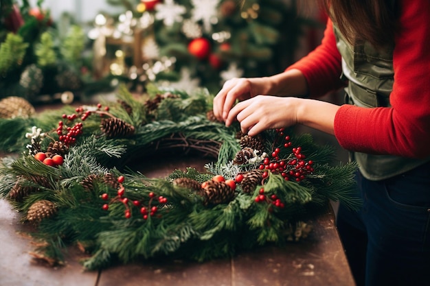 Fioraio che realizza una bellissima ghirlanda di Natale Immagine generativa Ai