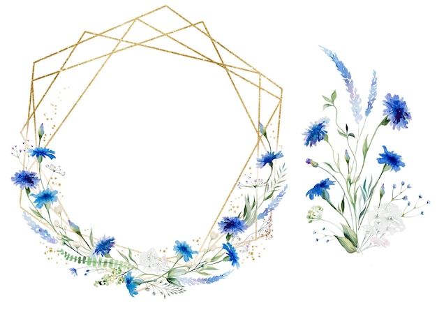 Fiordalisi blu dell'acquerello e fiori di campo cornice rotonda e illustrazione isolata matrimonio bouquet