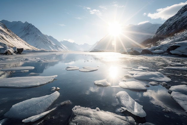 Fiordo gelido con acqua scintillante che riflette la luce del sole creata con l'IA generativa